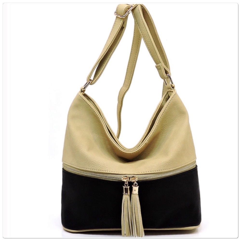 Tassel Crossbody Bucket Satchel Black Beige